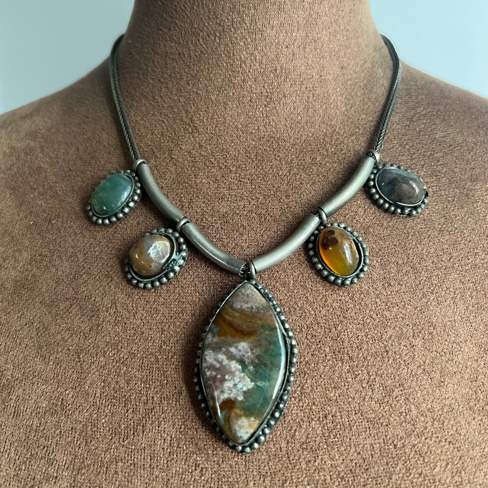 Vintage Mixed Faux Stone Artisan Statement Necklace 17" Goblincore Earthy